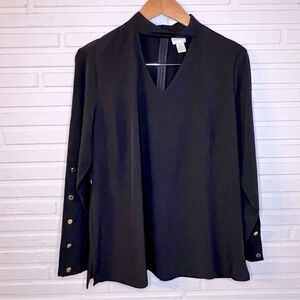 Chico’s Black Choker Neck Gold Faux Button Long Sleeve Blouse, Women’s Size 12